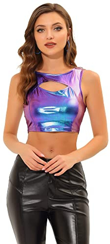 Allegra K Top Corto metálico Brillante sin Mangas para Mujer Disfraz de Halloween Azul púrpura L