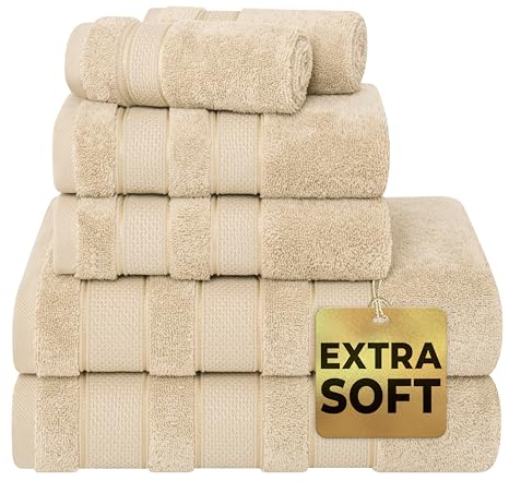 American Soft Linen Salem Türkisches Badetuch-Set, 100% Baumwolle, 600 g/m², 6 Stück Handtücher für Badezimmer, 2 Badetücher, 2 Handtücher, 2 Waschlappen, Beige