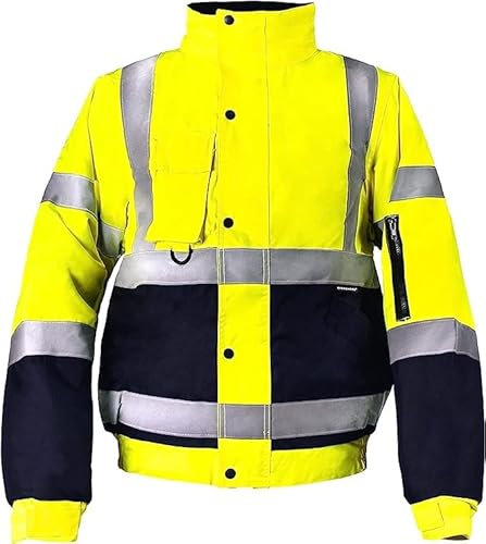 Step Ahead Mens Hi Vis Waterproof Bomber Jacket – EN20471 Certified Safety Workwear – Two Tone Reflective Jacket for Construction, Warehouse & Utility Use (Yellow/Navy, XL)