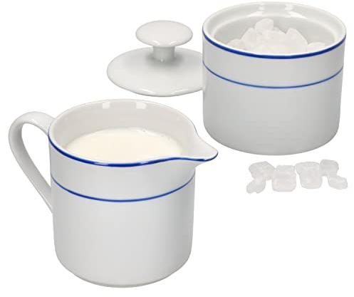 MamboCat Basic Blue Snap 2tlg. Set Milchkännchen & Zuckerdose I aus weißem Porzellan mit blauen Linien I Sahne-Kanne, Gießer für Kondensmilch, Dose mit Deckel für Würfelzucker, Kaffee-Gedeck, Zubehör