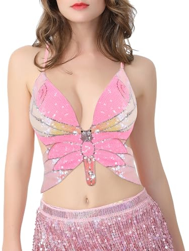 Naimo Damen Pailletten Schmetterling Crop Top Cami Sexy Neckholder Rückenfrei Tank Top Bauchtanz Kostüm Rave Party Outfits