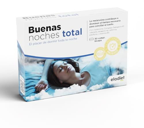 Buenas Noches Total - DOBLE ACCIÓN Sueño - Dormir Bien Rápidamente y Sueño Prolongado, Insomnio - Con Melatonina, Valeriana Forte, Pasiflora, Vitamina B3 y B6 | 30 Comp BiCapa ELADIET