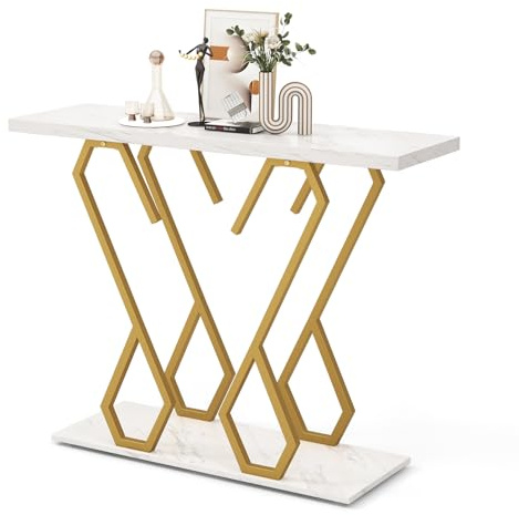 COSTWAY Table Console, Meuble d'Entrée avec Étagère, Design Géométrique Moderne, Cadre en Métal Doré, Kit Anti-Basculement Inclus, pour Entrée, Couloir, Salon, 100 x 30 x 80 cm (Doré)