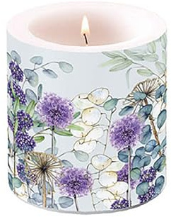 Ambiente Kerze Blumen Löwenzahn in bunter Pflanzenwelt als Tischdeko. Motivkerze rund klein für den gedeckten Tisch Ø7,5 x 9cm