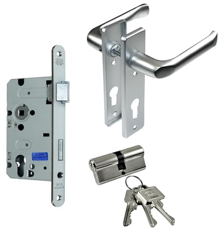 SN-TEC BKS Zimmertür/Wohnungstür/Badezimmer Komplett Set, inclusive Aluminium Schild Beschlag (PZ Schließzylinder, DIN RECHTS, Kurzschild 165mm x 40mm)