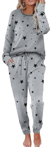 Ekouaer Conjunto De Pijama Largo para Mujer Pijama De Cuello Redondo Pijama De Invierno Conjunto De Salón Suave Traje De Ocio De Dos Piezas Ropa De Estar por Casa,Gris-Negro,S