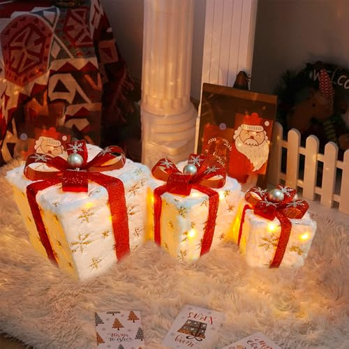 Led Geschenkbox Weihnachten mit Timer 3er Set, Led Deko Geschenke Leucht Boxen, Weihnachtsdeko Leuchtend, Weihnachts Dekoration Batterie Betrieben, Beleuchtete weihnachtsdeko Outdoor und Innen