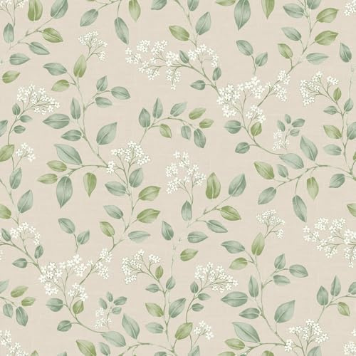 Forget Me Not Neutral Green Wallpaper - Floral Leaves Trail Flowers - Classic Traditional Stylish Feature Wall