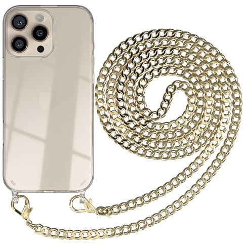 EAZY CASE Handykette kompatibel mit iPhone 16 Pro Max Handyhülle mit Metall Umhängeband und Ersatz Kordel schwarz, Handykordel mit Schutzhülle, Stylische Kette, Metall - Gold