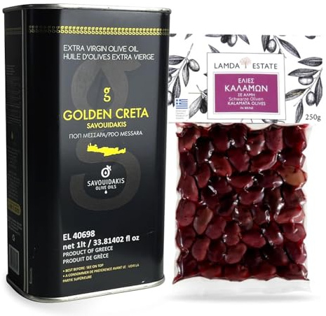 Golden Creta Creta - Aceite de oliva Creta 6 x 1 L + 250 g de aceitunas Lamda Estate Kalamata (envasadas al vacío) gratis