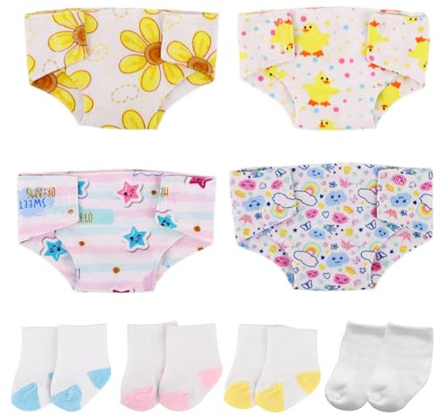 Xerteam Set di 8 accessori per bambole, 4 pannolini e 4 calzini per bambole da 35-45 cm, pannolini riutilizzabili per bambole da 35-45 cm, accessori per bambole per ragazze e ragazzi di compleanno