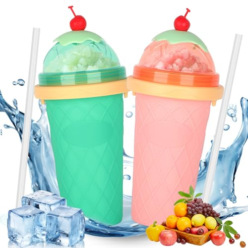 CIOXSOIO 2 Piezas DIY Slushy Maker Cup, Slushy Maker Mug Congelado de Silicona, Maquina de Granizados Cup con Pajita y Cuchara 2 en 1, Quick Vaso para Hacer Granizado para Batido de Frutas