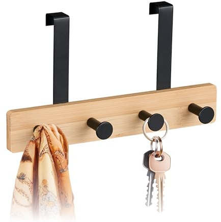 Relaxdays Appendiabiti da Porta Salvaspazio, 2 cm, Attaccapanni bambù e Acciaio, 4 Ganci Appendi Abiti Salvaspazio, Nero