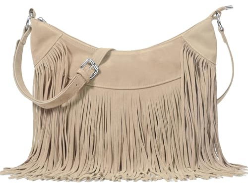 Sunwel Fashion Women Fringe Hobo Bag Western Purse Shoulder Bag Vegan Suede Tassel Hippie Crossbody Bag, Nude
