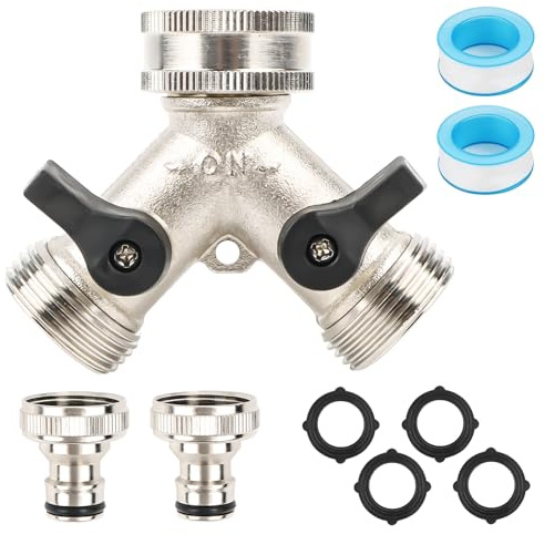 Byffoer Distribuidor de agua de 2 vías, 3/4 pulgadas, conector de agua, distribuidor en Y, manguera de entrada, adaptador para manguera de jardín, para uso en lavadora, cocina, jardín, césped