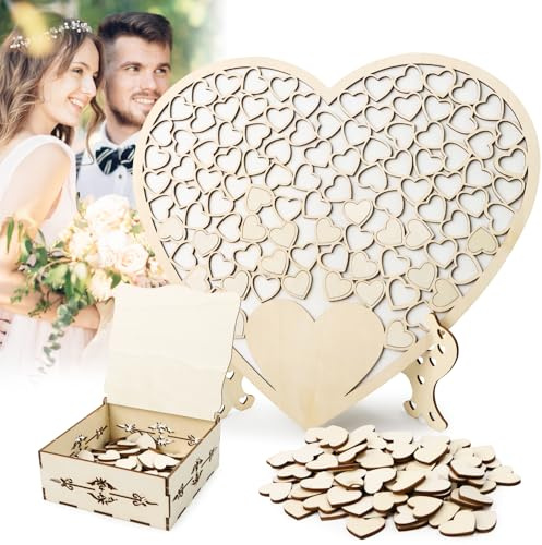Libro degli ospiti per matrimonio, personalizzabile, in legno, a forma di cuore, alternativa con base, scatola e 100 biglietti di firma a forma di cuore in legno, decorazione per matrimonio