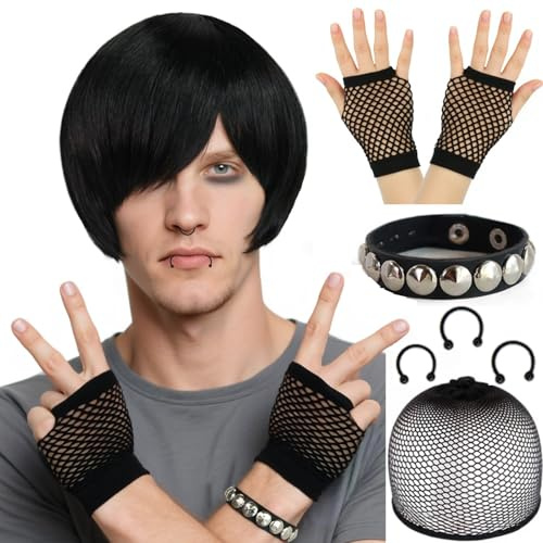 BEKIDER (3 falska piercingar + 1 par näthandskar + 1 armband + 1 hårnät) Emo peruk för män kort svart peruk cosplay goth peruker 2000-talet party outfit halloween julfest kostym