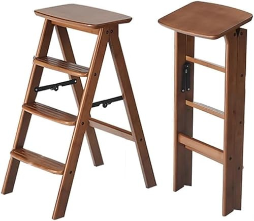 3 Step Ladder Folding Wooden Step Stool,2-in-1 Wood Foot Stool Display Storage Shelf Flower Rack For Home Ktichen,Portable Anti-Slip Step Ladder(Size:3 Step)