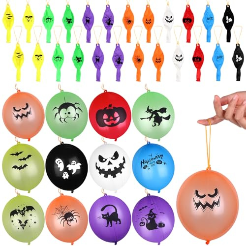 YXSJAS 72Pcs Halloween Punch Balloons with Rubber Band Handle Pumpkin Ghost Spider Latex Colorful Balloon Toy Bouncy Punching Balloon Trick or Treat Goodie Bag Fillers Halloween School Classroom Game