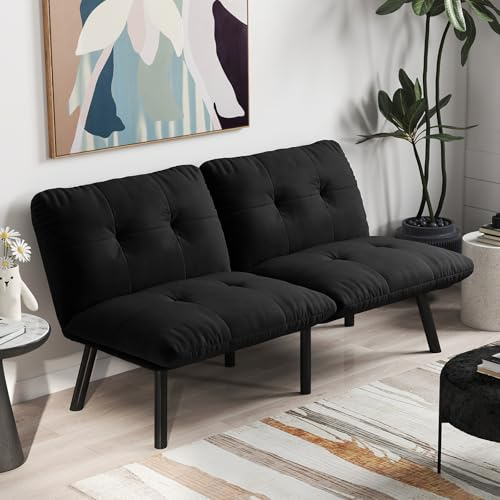 Aceinheu Klappbares Sofabett 2-Sitzer • Samtstoff Futon Couch • Platzsparendes Gästebett • Ohne Werkzeug montierbar • Für Wohnzimmer & Kleine Apartments • Velours Bezug (Black)