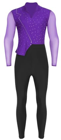 Hedmy Mens Figure Skating Jumpsuit Long Sleeve Shiny Rhinestone Gymnastic Unitard Full Body Dance Leotard Purple 3XL