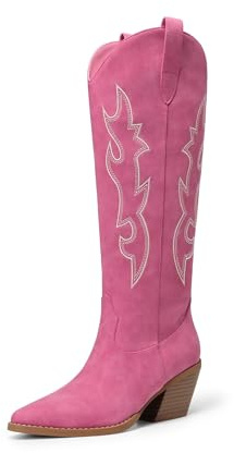DREAM PAIRS Cowgirl-stövlar kvinnor knähöga cowboystövlar | Spetsig tå tjock blockklack mocka höga västerländska stövlar med broderad