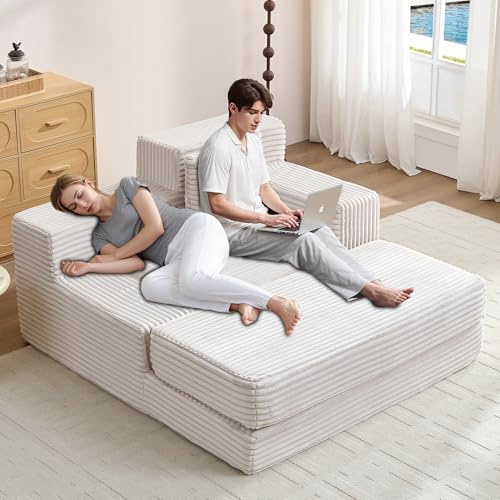 Wumagin Schlafsofa Couch Cord Schlafsessel Big Sofa mit Schlaffunktion, 135 * 152 * 80cm Chaiselongue Bett Sessel mit Schlaffunktion Eckcouch für Wohnzimmer und Schlafzimmer