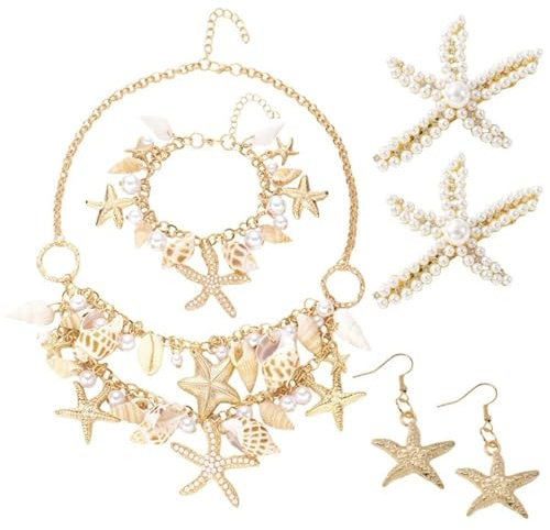 SKIPTHYBER Frauen Meerjungfrau Kostüm Schmuck Set, Meerjungfrau Kostüm Accessoires, Seestern Muschelkette Armband Ohrringe Haarspange, Meerjungfraus Kostüms für Karneval, Ozean-Thema Party