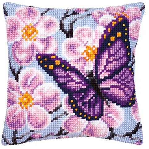 Vervaco Kreuzstich Stickpackungen Kissen Stickerei Set Anfänger Vorgedruckt Lila Schmetterling DIY Set Kreativ Set Für Erwachseneca. 40 x 40 cm Bastelset Handwerker Haus Dekoration