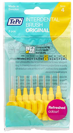 TePe Interdental Brush, Original, Yellow, 0.7mm/ISO 4, 8pcs, efficient Cleaning Between Teeth, Plaque Remover and Dental flosser for Small Gaps