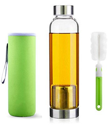 550 ml portable stylish glass tea bottle with stainless steel infuser basket, portable hot & iced tea glass teapot for brewing, tea infuser, strainer cover, free bottle brush Green