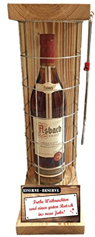 Weihnachten Geschenk für Männer Frauen Asbach Uralt Eiserne Reserve Gitter incl. Notsäge Text rot Frohe Weihnachten und einen Guten Rutsch Brandy (1 x 0.70 l)