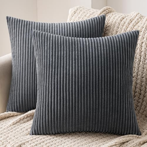 MIULEE 2er Set Kissenbezug 50x50 cm Kord Kissenhülle Sofakissen Dunkelgrau | Dekorative Kissenbezug Couchkissen Dekokissen Zierkissenbezug Deko Kissenhülle mit Verstecktem Reißverschluss