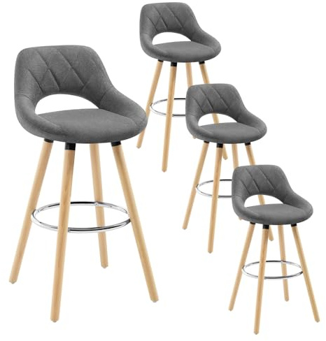 WOLTU Tabouret Bar, Lot de 4, Chaise Haute Bar, Tabouret Haut avec Dossier et Repose-Pieds, Cadre en Bois, Siège en Lin, Gris foncé, BH111dgr-4