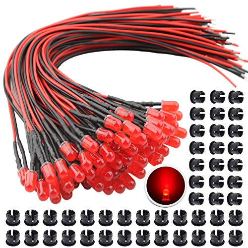 RUNCCI-YUN 65 st röd DC 12 V förkopplat ljus, 5 mm lysdioder med 20 cm kabel, förkopplade LED-dioder ljus, 12 V LED röd 65 st 5 mm plast LED monteringslåg