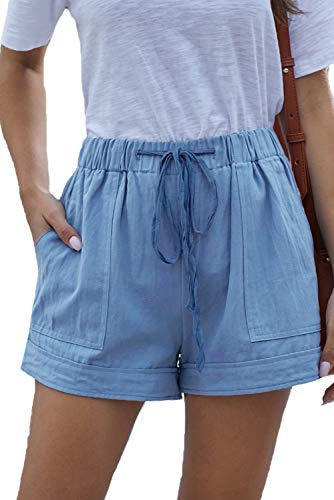 HVEPUO dam bomull linne shorts gummiband hotpants sommar breda korta byxor, B-dammig blå, XXL
