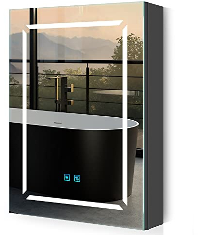 Quavikey® Black Bathroom Mirror Cabinets with Shaver Socket and Light, 50x70 cm LED Illuminated Bathroom Wall Cabinet with Mirror, Anti Fog, 3 Color Dimmable, Adjustable Shelves for Space Storage