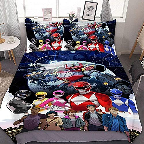 NICHIYOBI Power Rangers Parure de lit en microfibre, avec housse de couette et taie d'oreiller, impression numérique 3D, parure de lit en 3 pièces (1,135 x 200 cm + 80 x 80 cm), 135x200cm+ 80x80cmx2