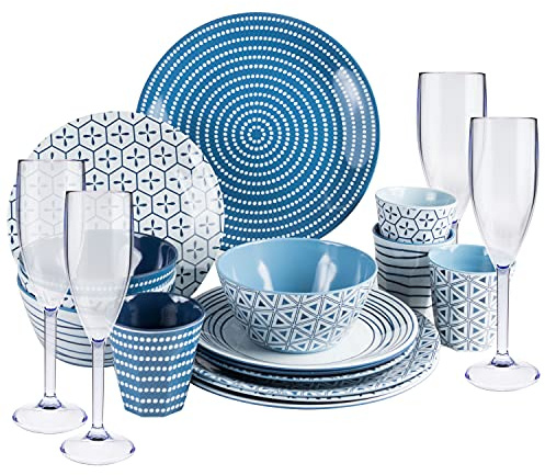Melamin Camping Geschirr und Glas Set 4 Personen 20 Teile blau weiß 150ml