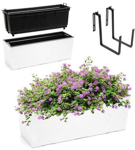 KADAX Blumenkasten 18,5x56 cm, Ritzmuster, Weiß, mit Halterungen, mit Einsatz – wetterfester rechteckiger Pflanzkasten für Balkon und Outdoor
