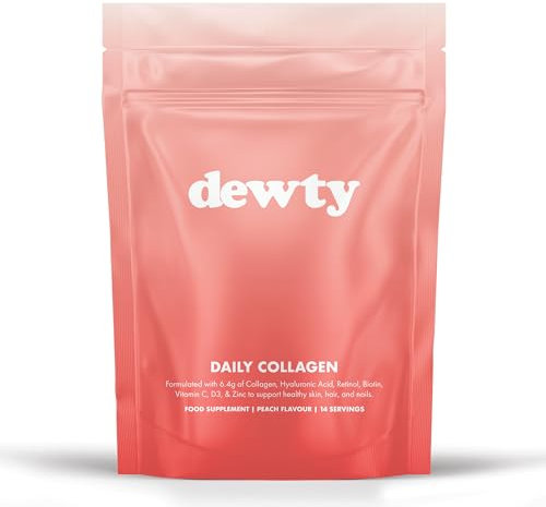 Dewty Collagen Drink - Peach Flavour Daily 6400mg Collagen Supplement for Women - 6400mg of Collagen with Hyaluronic Acid, Biotin & Retinol, Beneficial for Skin, Hair, Nails & Joints (14-Day Pouch)