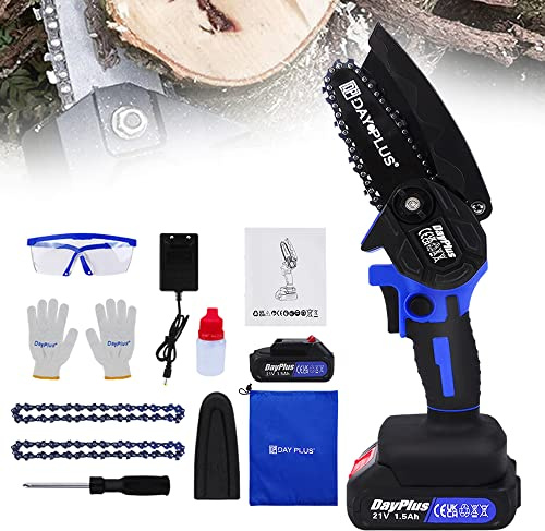 Mini Chainsaw 4-inch Cordless Brushless Power Chain Saws Battery Chainsaw Handheld Electric Saw for Wood Cutting Tree Trimming, with 2 Exchangeable Chains & Cloth Bag