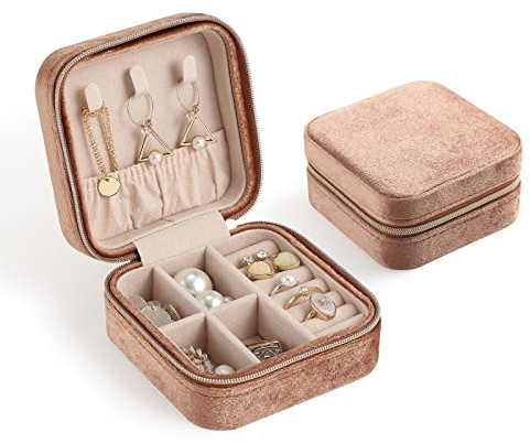 CASEGRACE Reise-Schmuckkoffer, Plüsch-Samt-Schmuckbox, kleiner Schmuck-Reise-Organizer, Display-Ringe, Halskette, Armband, Ohrringe, Aufbewahrungskoffer für Damen und Mädchen, sandbraun