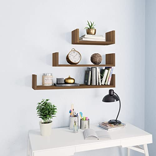 FIRBNUS 3 Piezas Estantes de Pared de Madera Contrachapada Diseño en Forma U Estantes de Wall Estante de Exhibición Suspendidas de Tablero Marrón Roble Ideal para Hogar Oficina Dormitorio