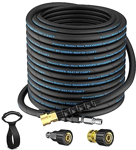 50 Ft Pressure Washer Hose, Power Washer Hose Attachment with 3/8'' Quick Connector, High Tensile Wire Braided Hose for Cold & Hot Water 4800PSI Kink Resistant Car Wash Hose with M22-14mm Adapter Kit