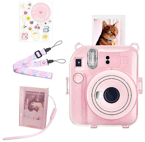 HIYQIN Housse à Paillettes pour Fujifilm/Polaroid Instax Mini 12 – Étui de Protection Transparent Amélioré avec Bandoulière, Boîte Photo et Autocollant DIY - Paillettes Rose