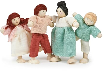 Mentari Toys - The Honeybunch Doll Family - 4pc Poseable Wooden Doll Set with Fabric Clothes - Perfect for Dollhouses and Small World Play - Encourages Imaginative Play and Social Skills - Age 3+