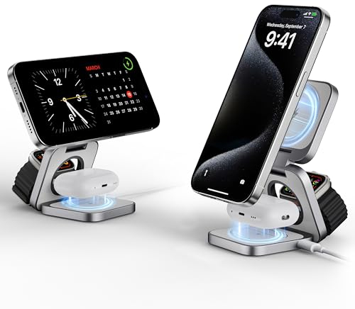 LULULOOK Aluminium 3 in 1 Ladestation Apple Watch und iPhone, Faltbar Kabelloses Ladestation für iPhone 16 Pro Max/16 Pro, 5W Reisen Schnelles Aufladen für Apple Watch AirPods, Mehrere Geräte (Silber)