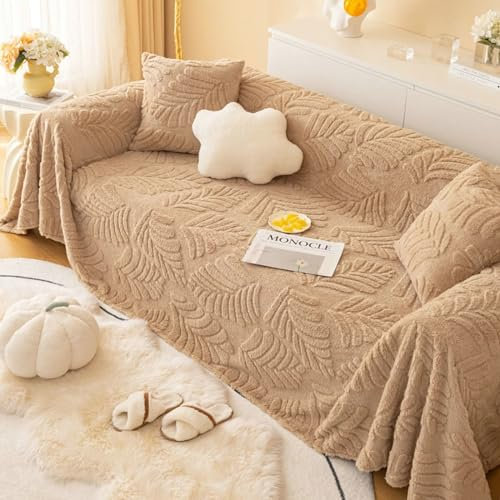 Ayoiow Sofa Decken Überwurf Set Sofa Überzug Khakifarbe Sofahusse 1Sitzer Plüsch Einfarbig Mit Blättermuster