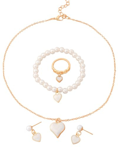 KBRPEY Smyckesset för kvinnor och örhängen hjärthänge set pärlsmycken damset hjärta hänge armband örhänge halsband ring set om 4, En Storlek, Legerat stål
